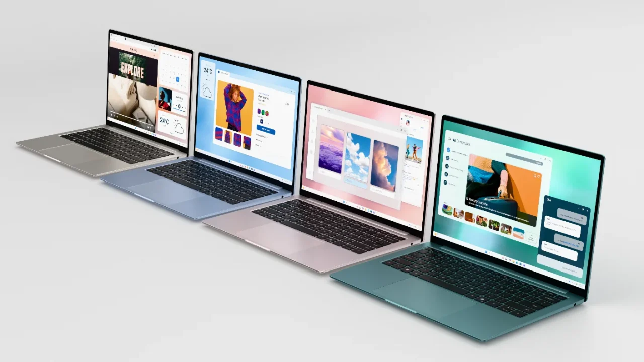 Dell 14S DS14270の4色のノートPCが斜めに並ぶ様子