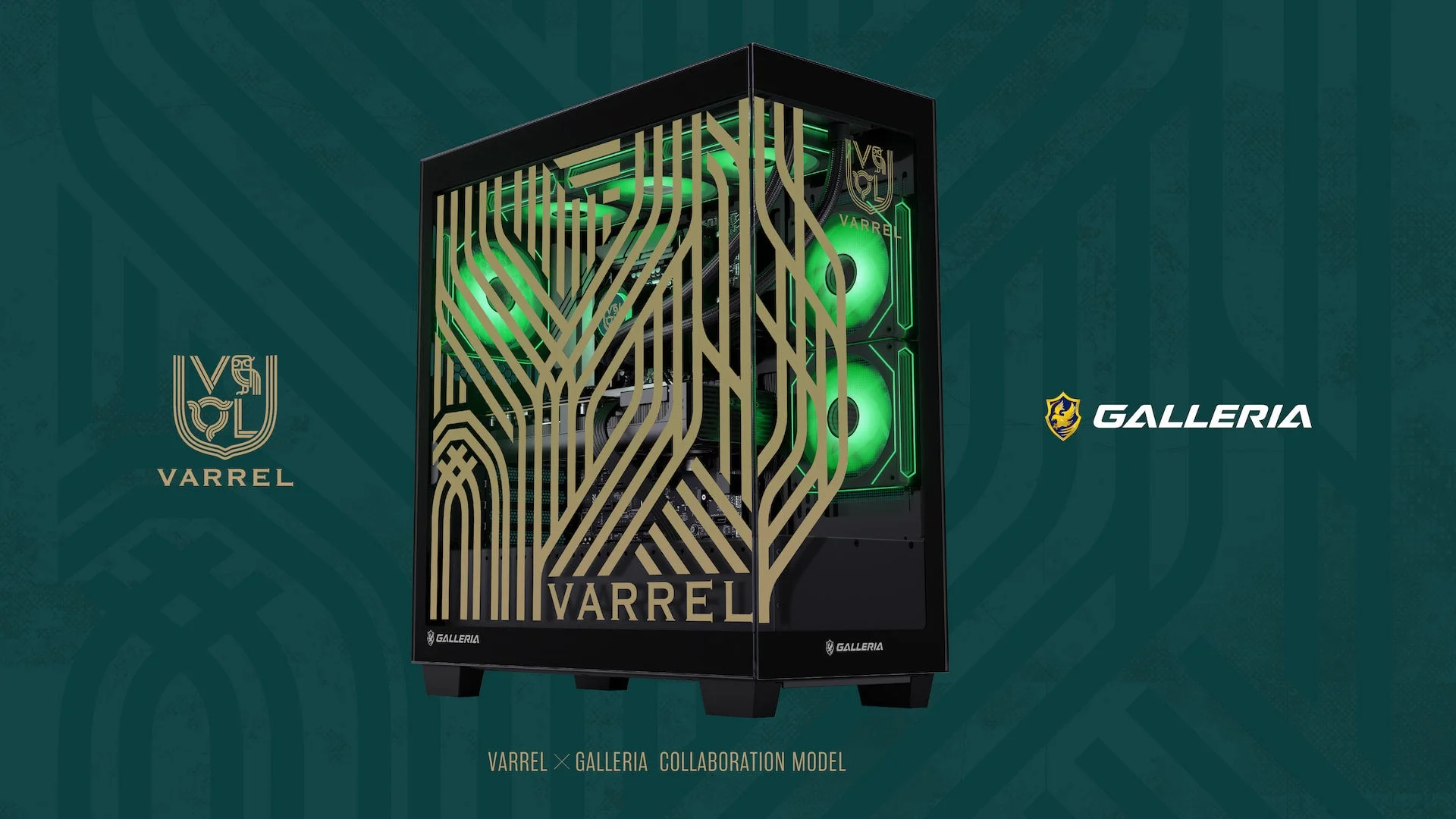 VARREL×GALLERIAコラボモデルPC。金のストライプと緑LEDのガラス筐体