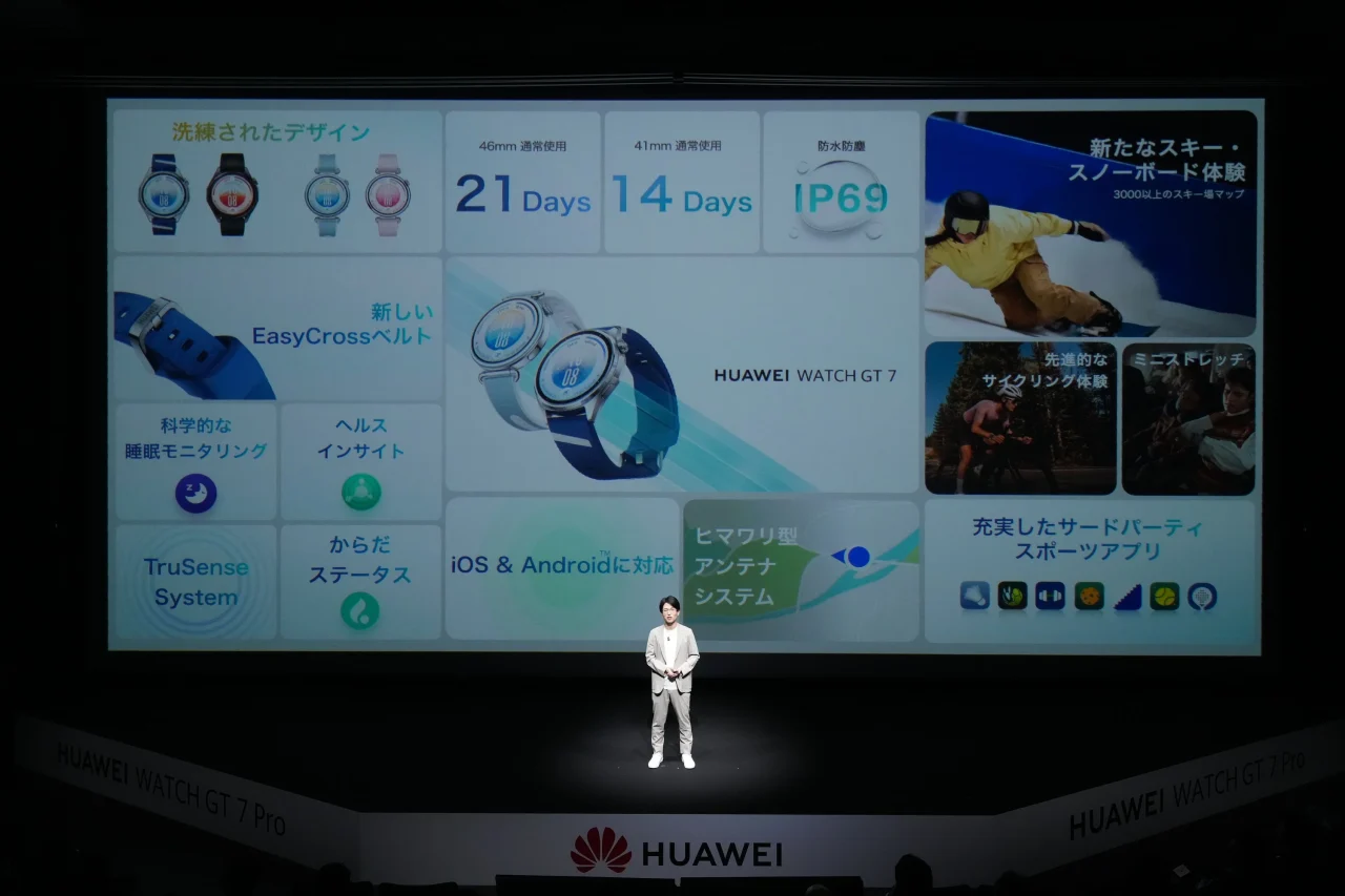 HUAWEI WATCH GT 7の機能を紹介するスライドと登壇者