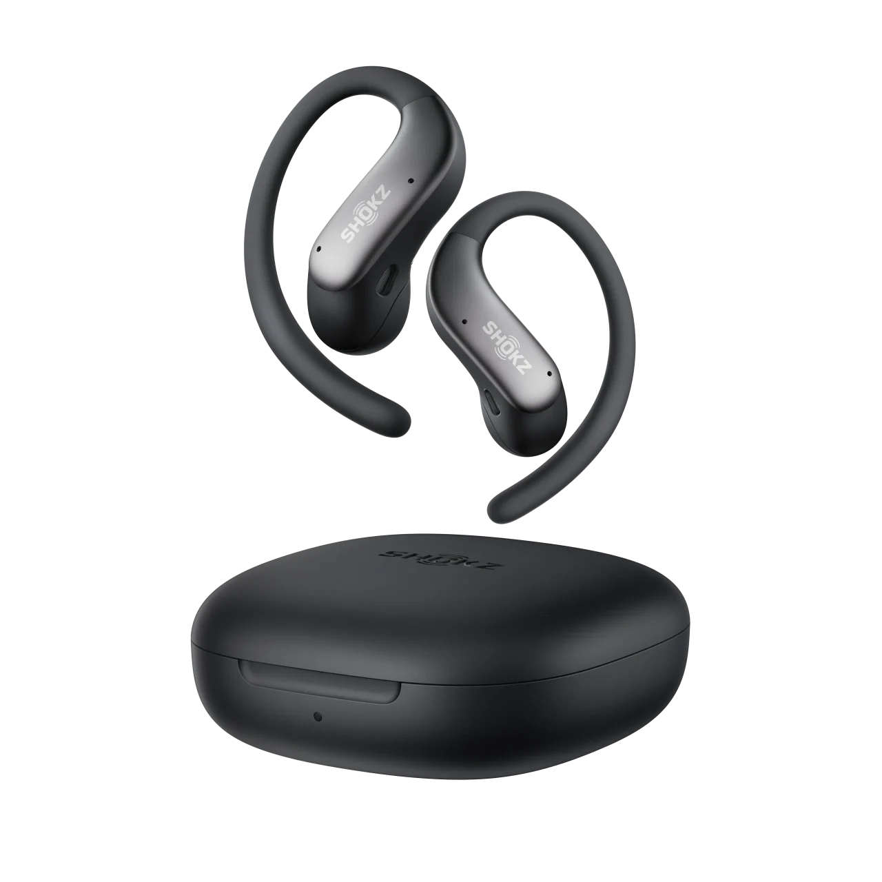 OpenFit Air 2の黒いイヤーフック型イヤホンと充電ケース