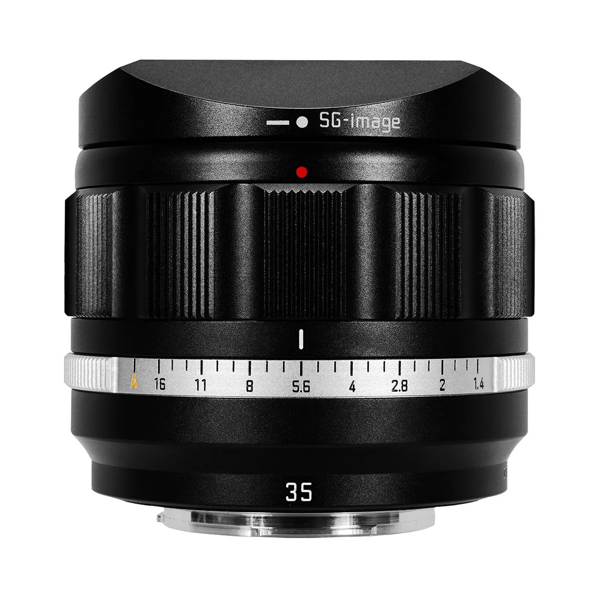 SG-image LEGACY AF 35mm F1.4 の正面。ブラック×シルバーの金属鏡筒