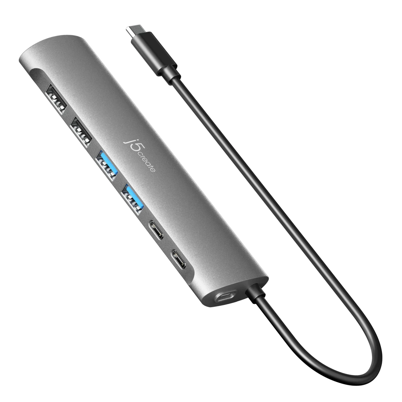 USB-C 7-Port ハブ JCH3007。グレーの本体にポートが並び、USB-Cケーブルが伸びる