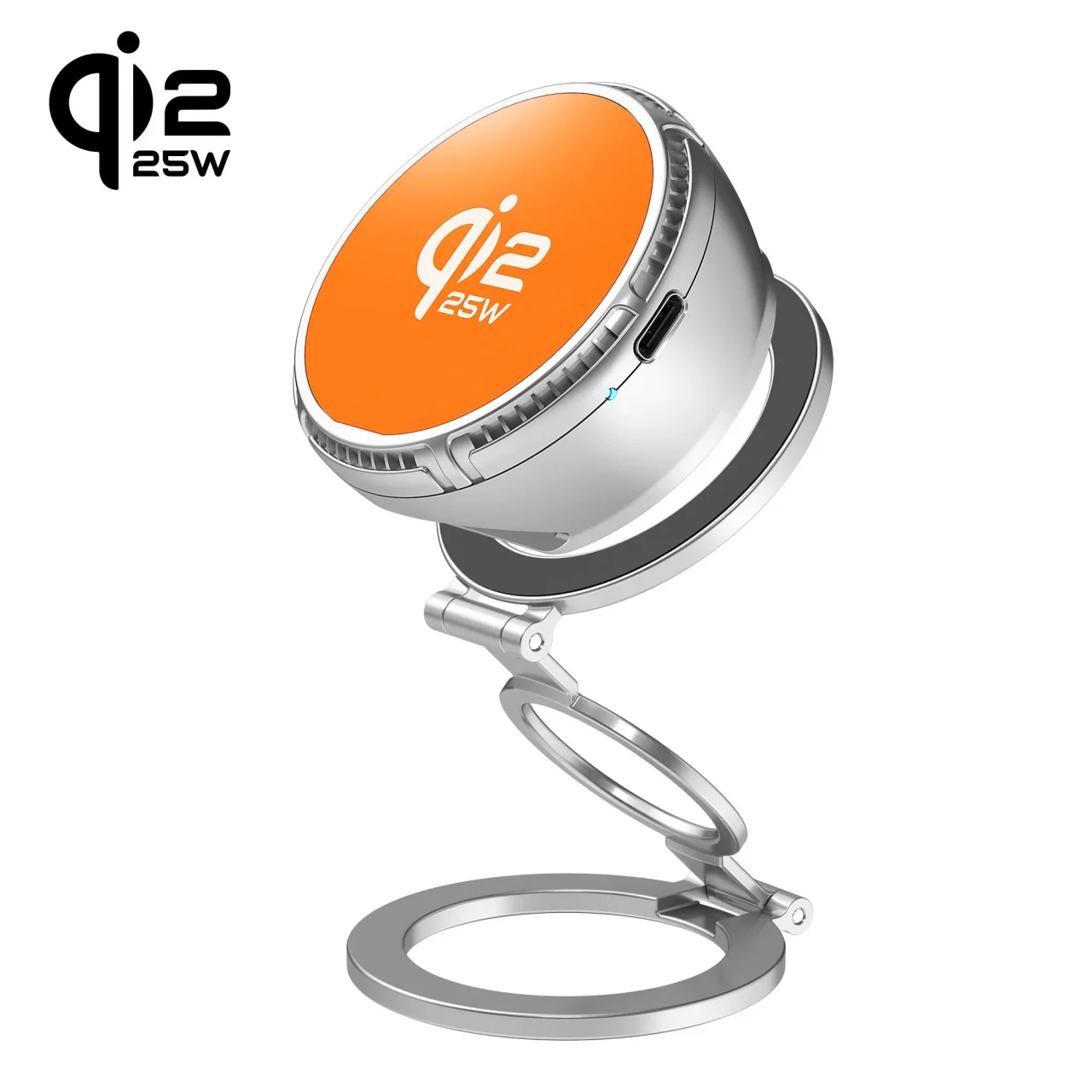 JUPW1125 25W Qi2.2 対応ワイヤレス充電パッド、橙色の充電面とリング型スタンド