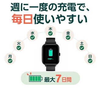 スマートウォッチ03の充電中画面と、最大7日間使えるバッテリー表示