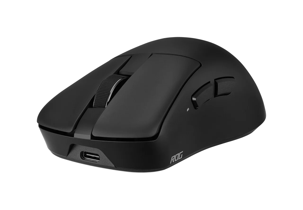 ROG Gladius IV Ace Gaming Mouse BLK 黒のマウス斜め前から、USB-C端子とROGロゴ