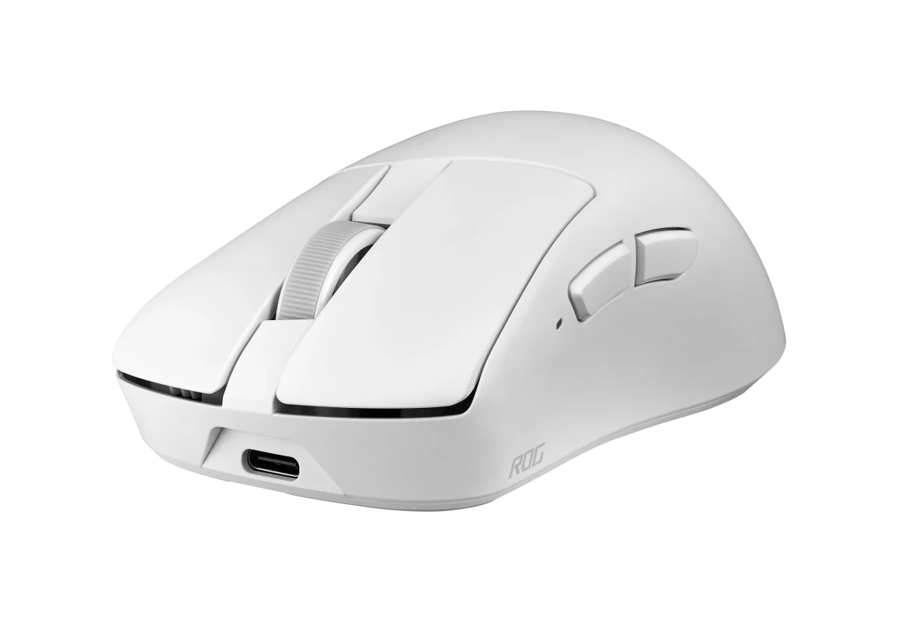 ROG Gladius IV Ace Gaming Mouse WHT 白色の本体を斜め前から見た外観