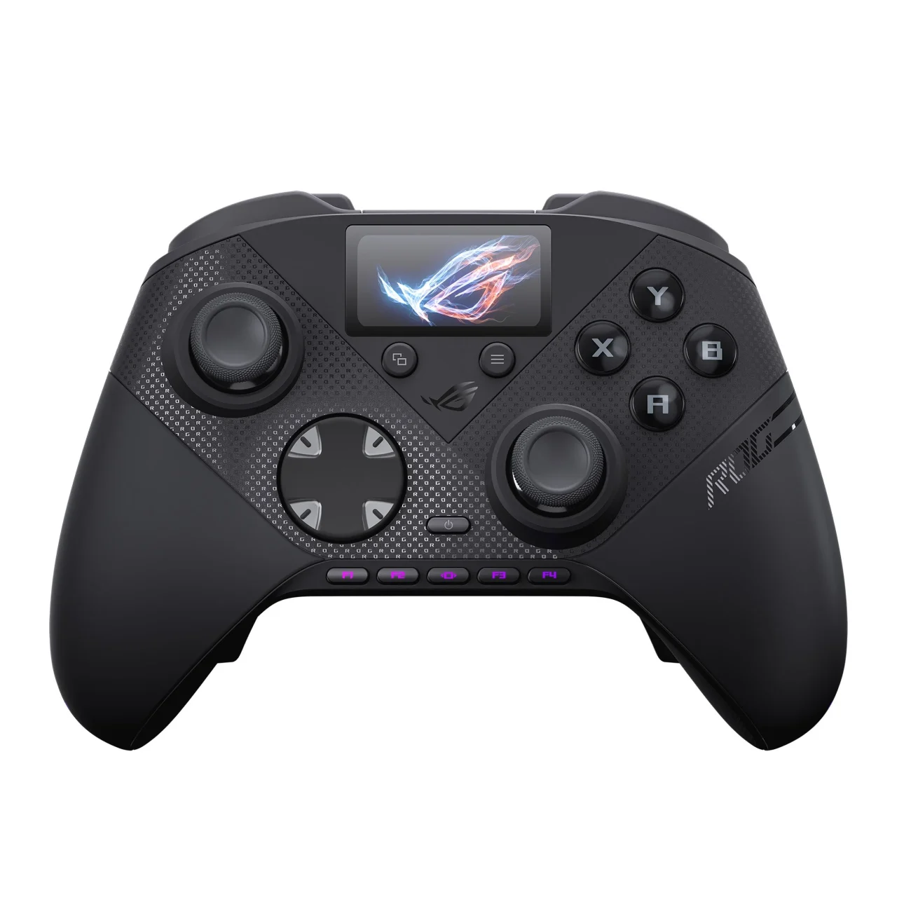 ROG Raikiri II Pro PC Controller の正面。上部にディスプレイを備えた黒いコントローラー