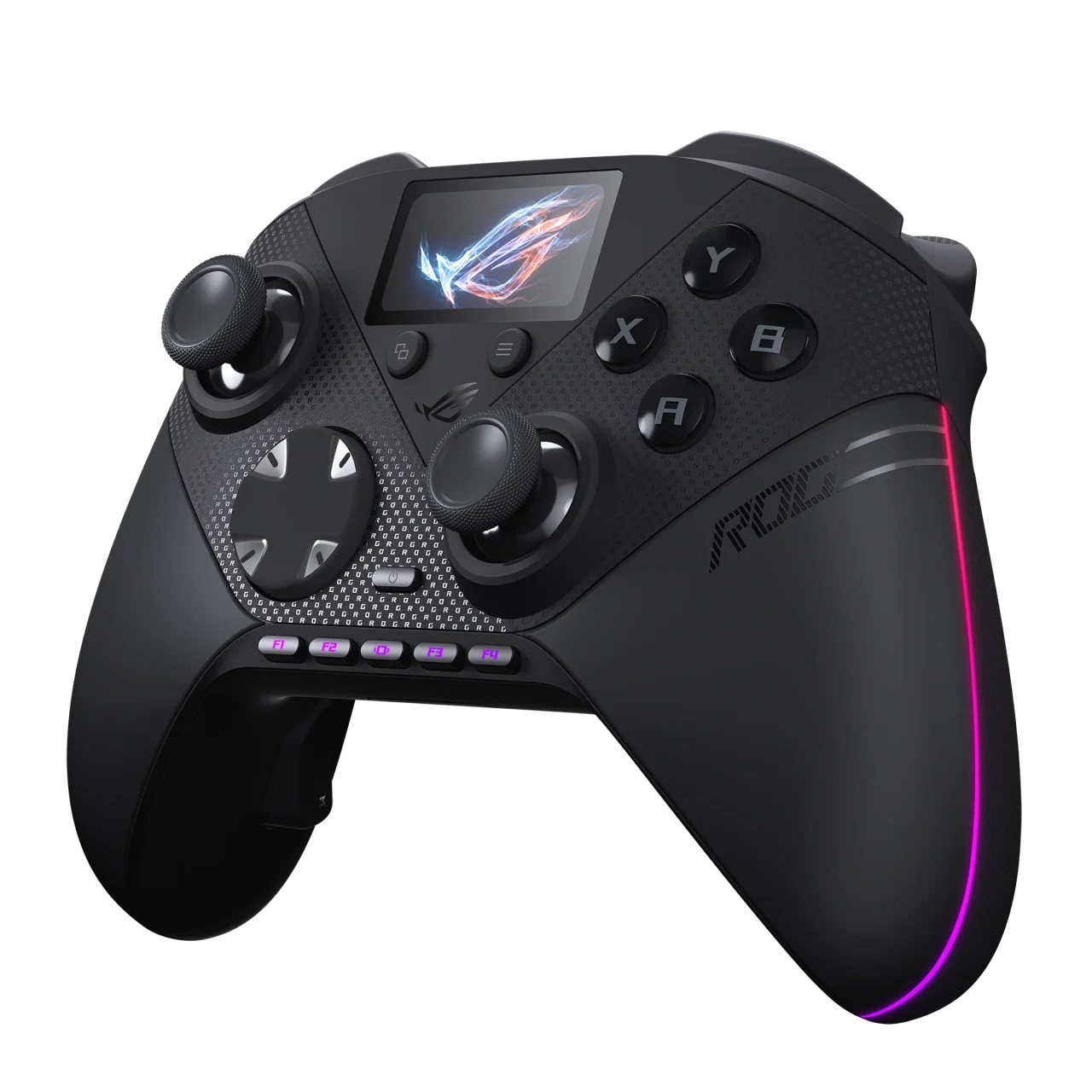 ディスプレイと背面側に発光ラインを備えた黒いゲーミングコントローラー
