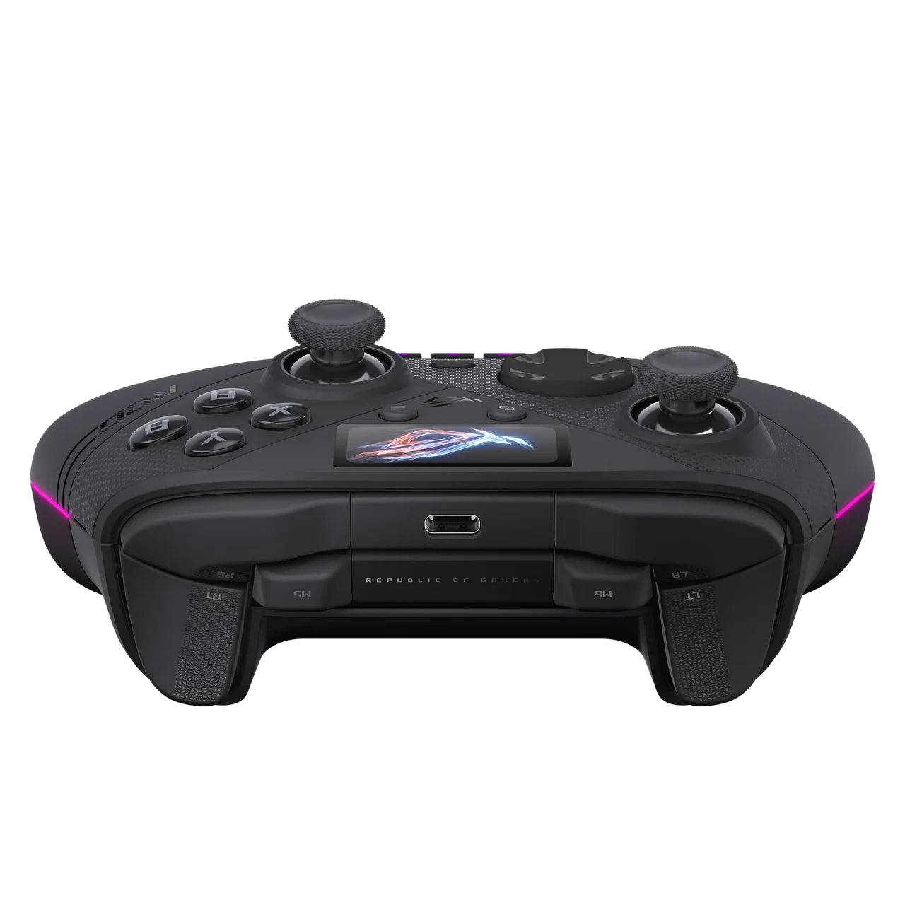 中央に小型ディスプレイを備えた黒いゲームコントローラーの背面側