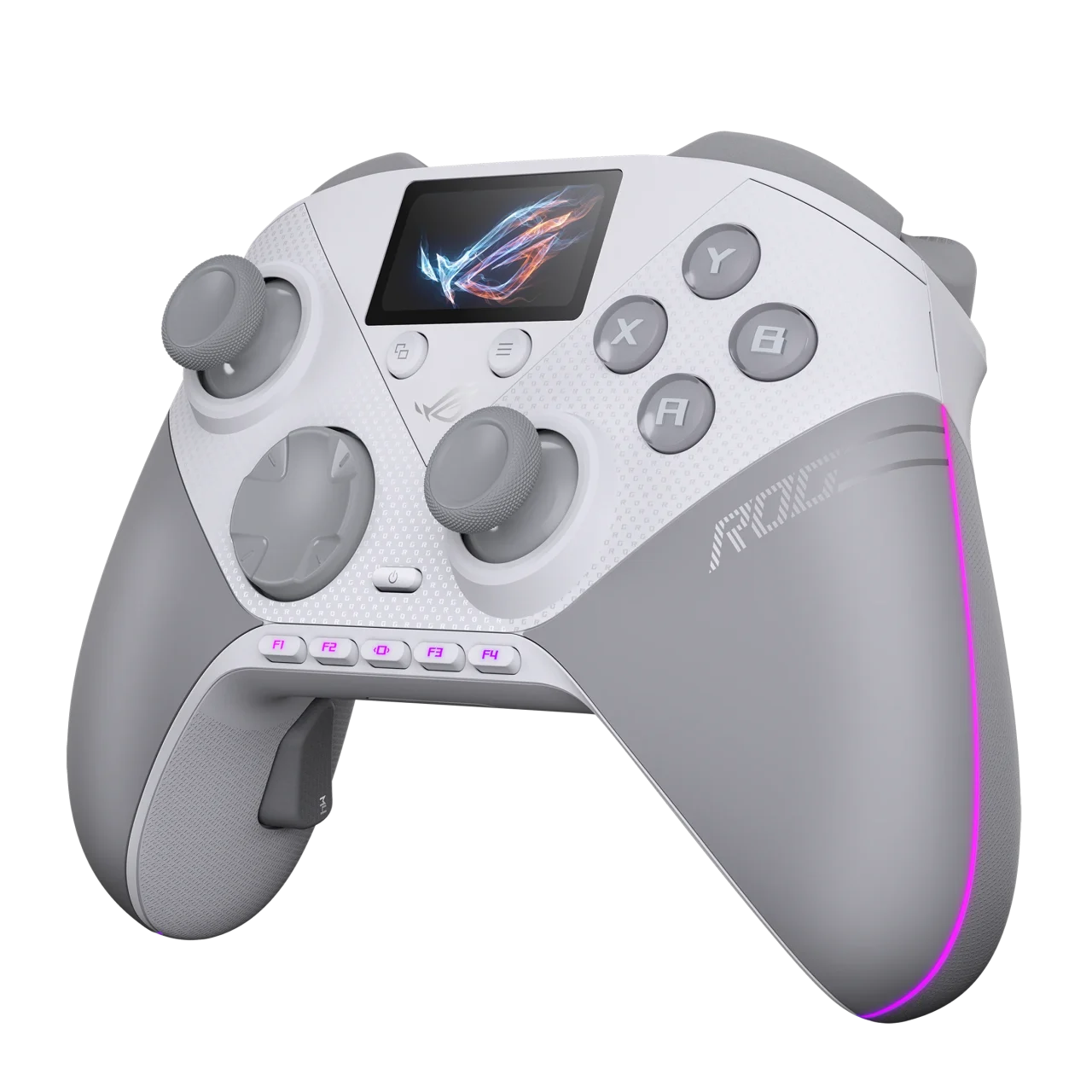 ディスプレイ付きの白とグレーのゲームコントローラー。紫の発光ライン