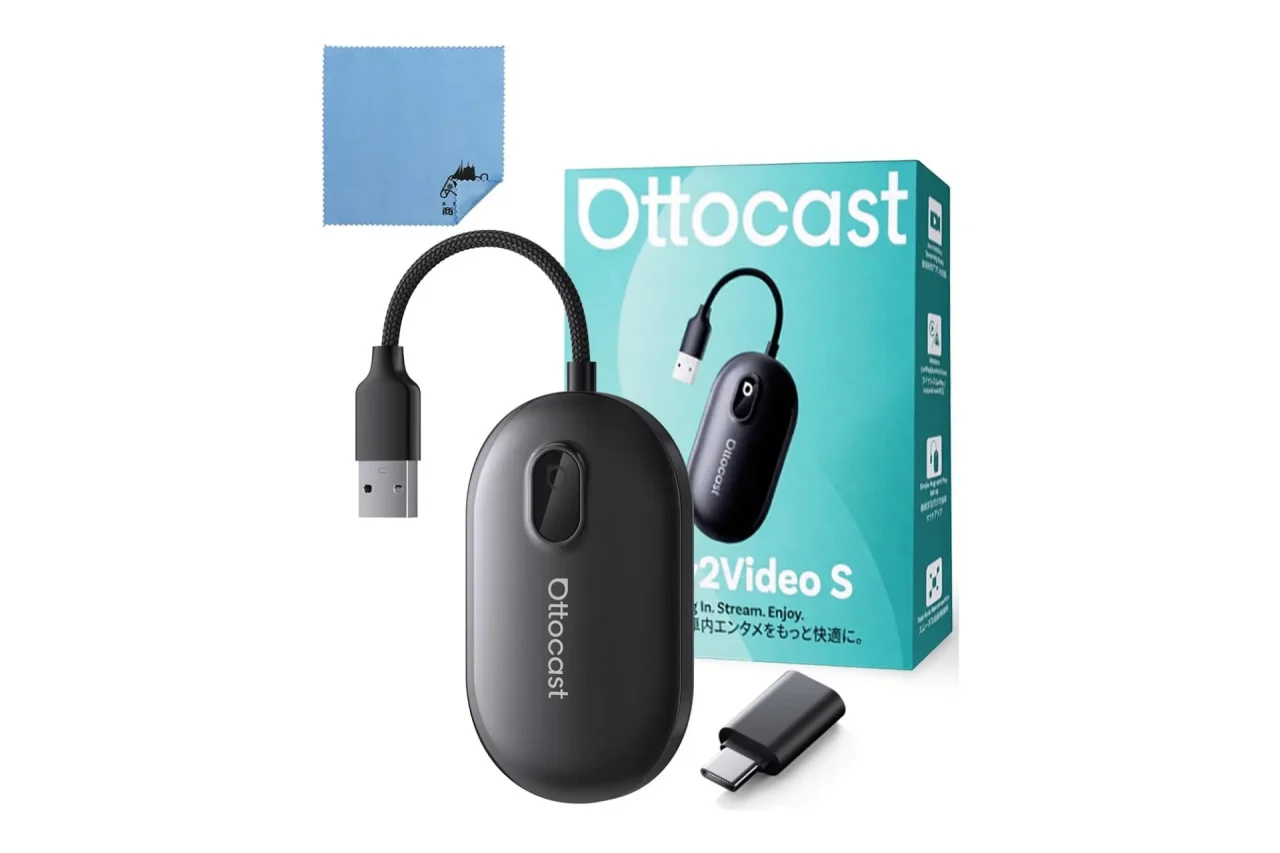 OTTOCAST Play2Video S本体、パッケージ、USB変換アダプター、青いクロス