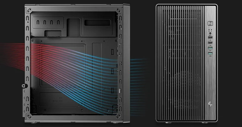 グリルスタイルのフロントパネルと、前から後ろへ抜けるエアフローを示すPCケース