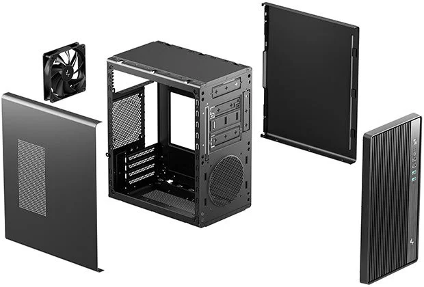ツールレスで着脱できるパネルを分解して並べたPCケースCC310