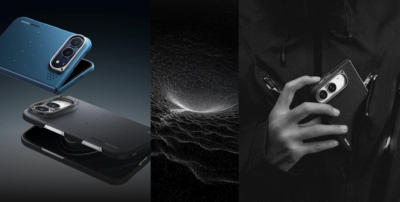ADuo iPhone Duo用 ドットアラミド繊維スマホケース、ブルーとブラックの背面