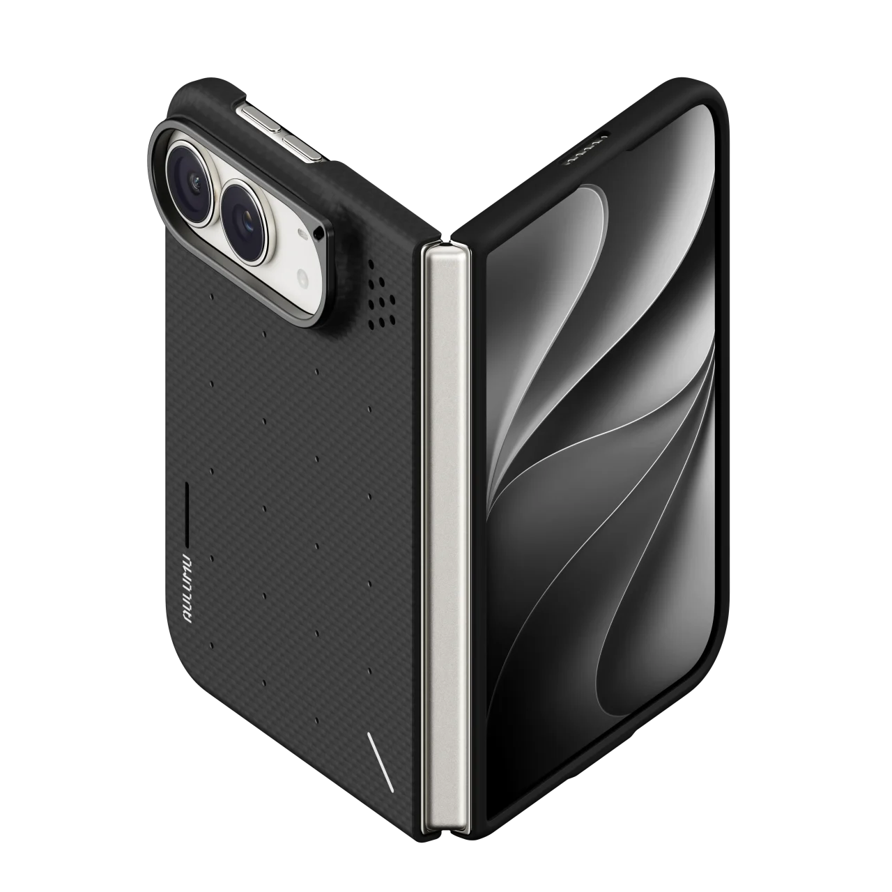 ADuo iPhone Duo用 ドットアラミド繊維スマホケース ブラック、折りたたんだ状態
