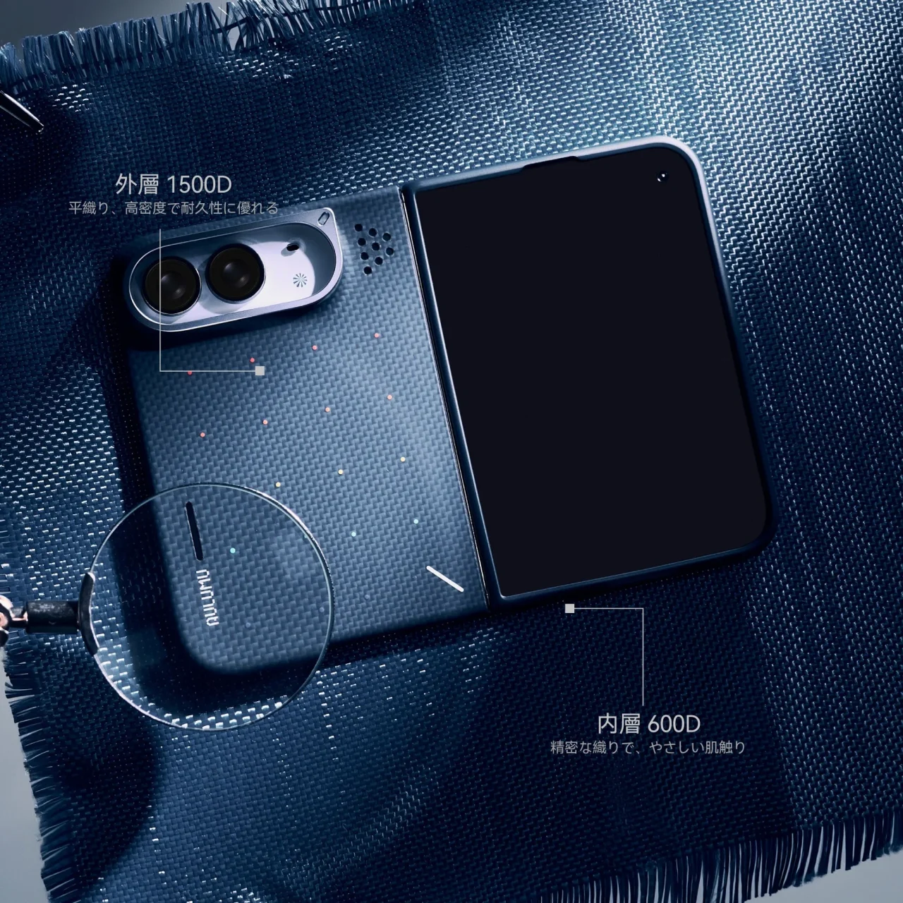 1500D外層・600D内層アラミドファイバーを示す折りたたみ型スマホケース