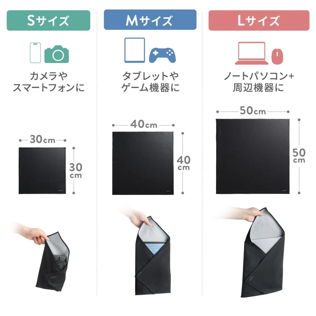 S・M・Lの3サイズ別に寸法と包み方を示したブラックのガジェットクロス