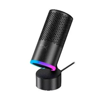 HyperX SoloCast 2 Pro ゲーミング USBコンデンサーマイク 黒い斜め置きスタンドと虹色ライトリング
