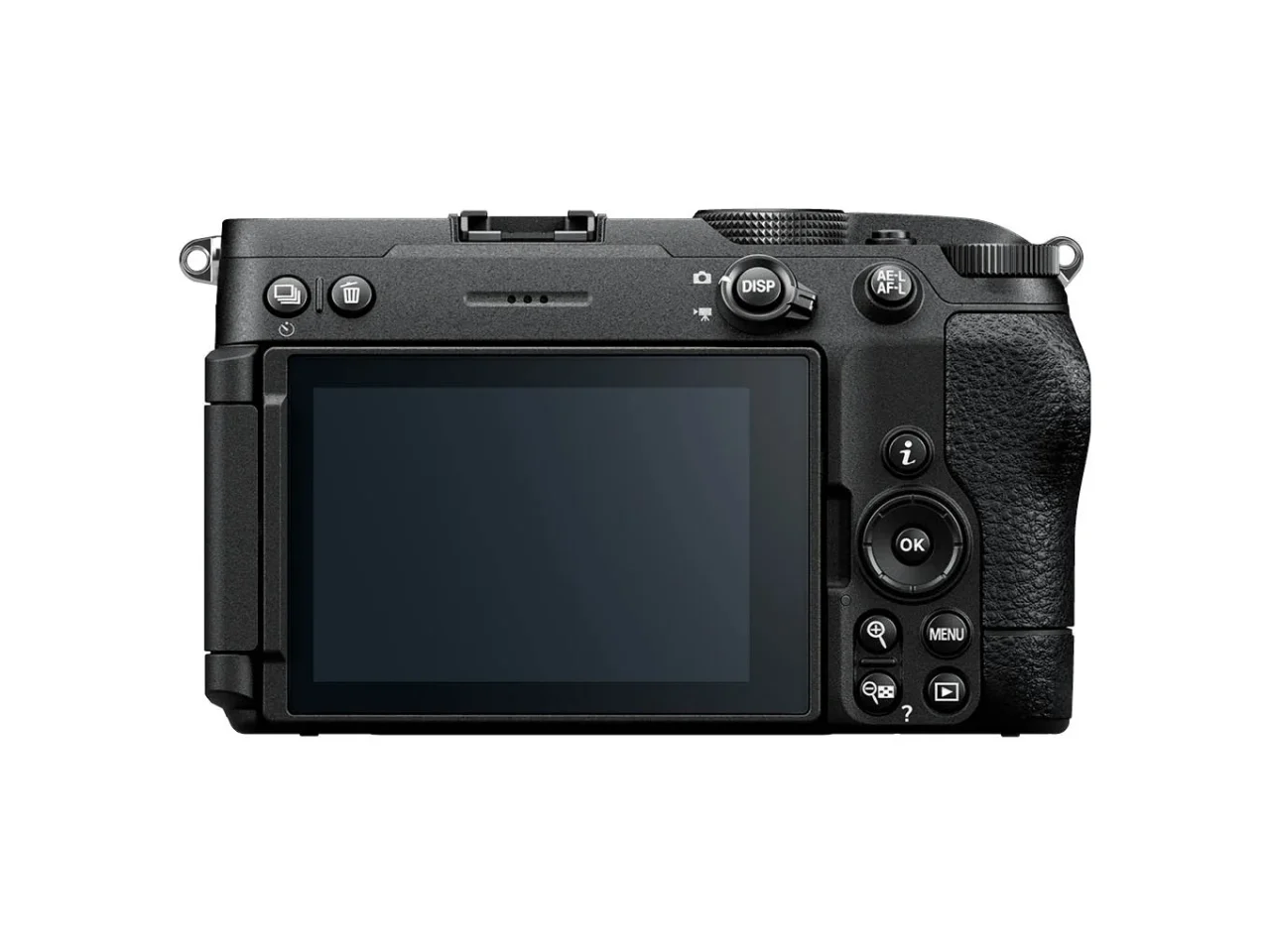Z5IICの背面。大型の画像モニターと操作ボタンが見える黒いカメラ