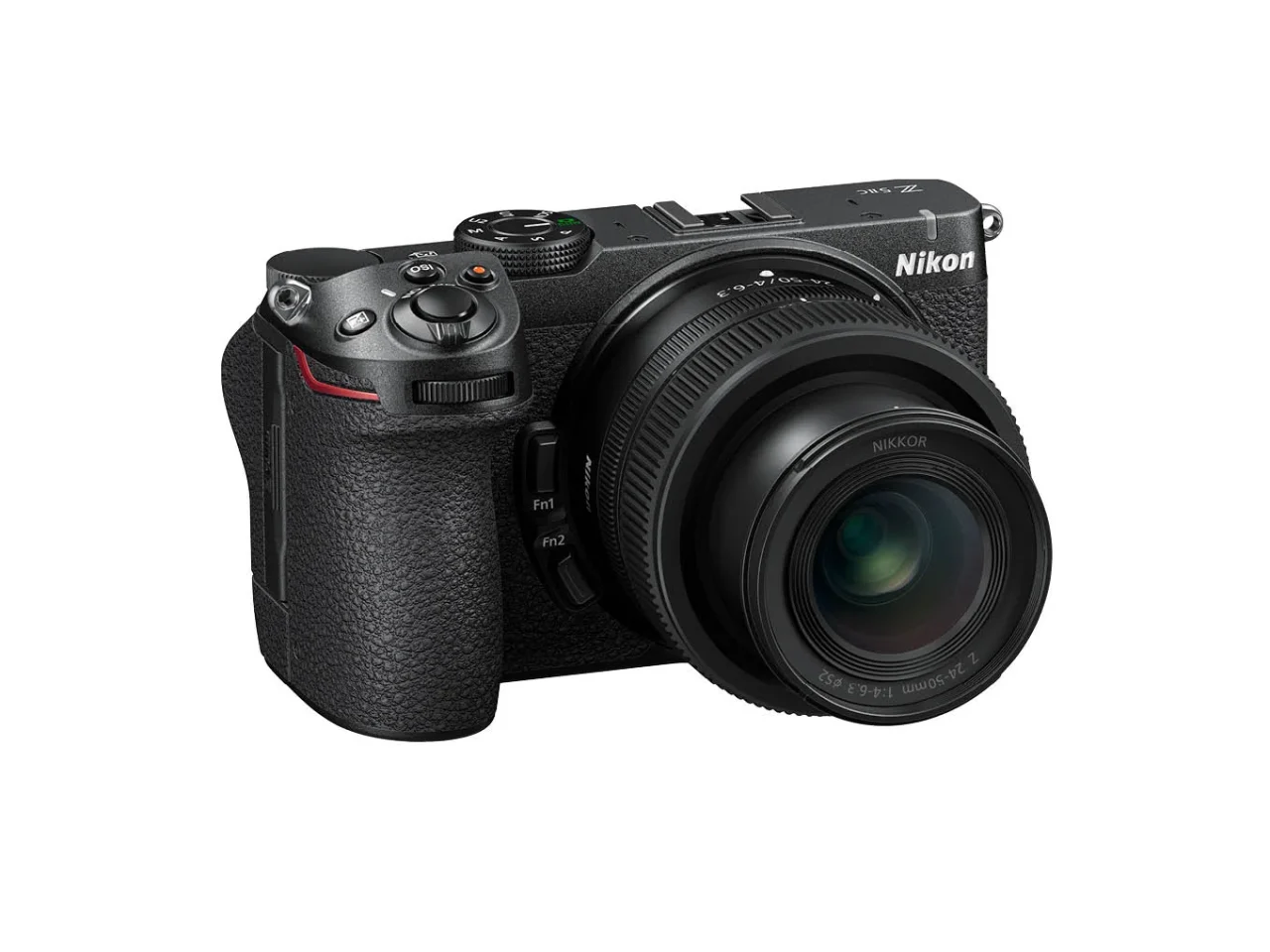 Nikon Z5IIC ブラックのミラーレスカメラ。レンズ装着、右グリップに赤いライン