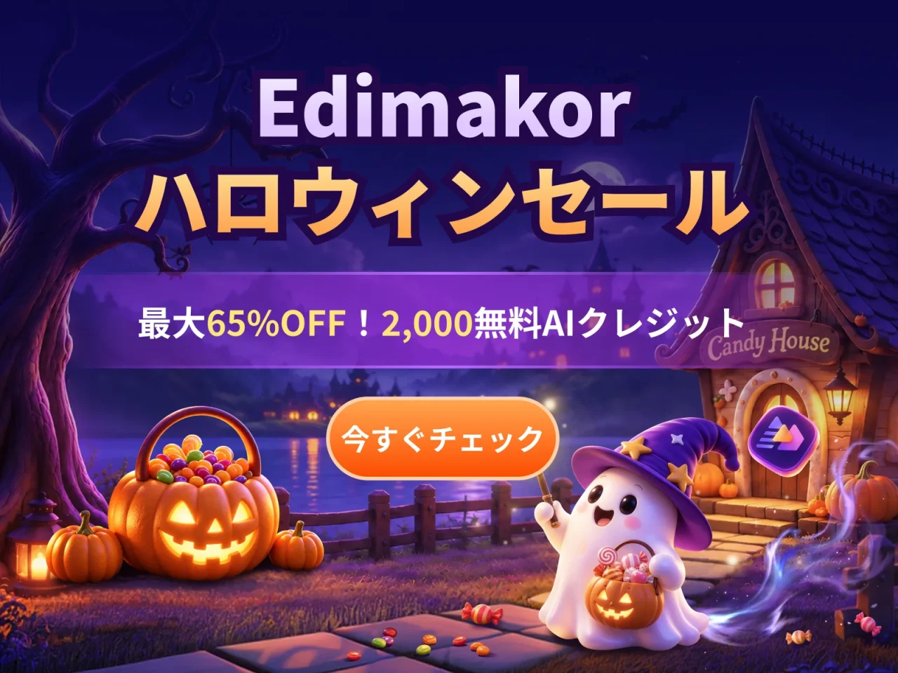 Edimakorハロウィンセールの告知。幽霊キャラとかぼちゃ、お菓子の家