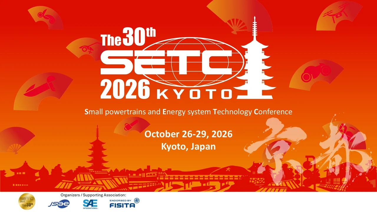 第30回SETC 2026 KYOTOの告知ビジュアル。赤橙背景に五重塔と京都の街並み