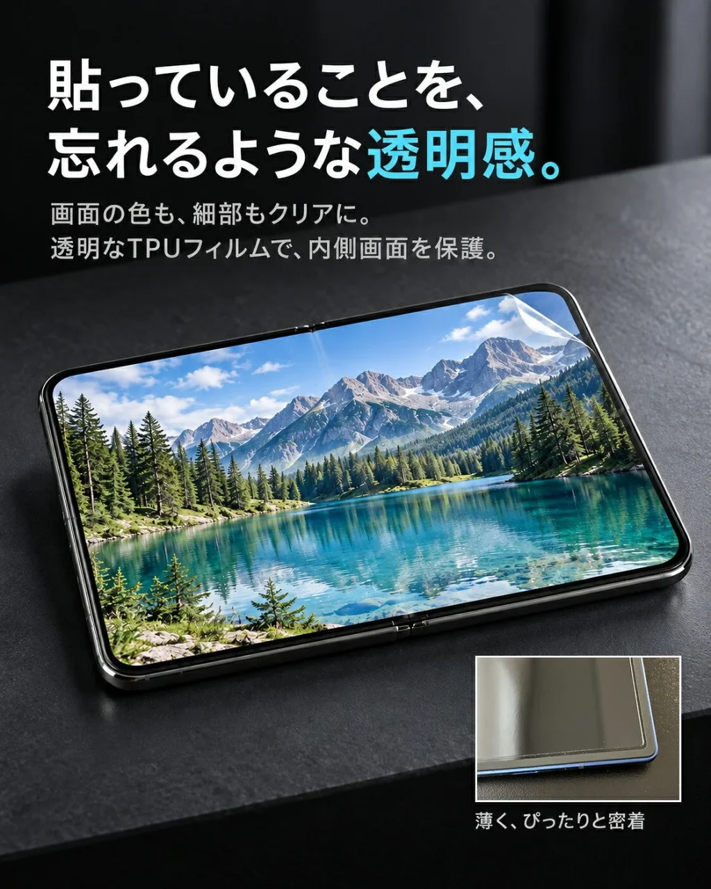 貼っていることを忘れる透明感を示す、折りたたみ端末の内側画面に貼った透明TPUフィルム