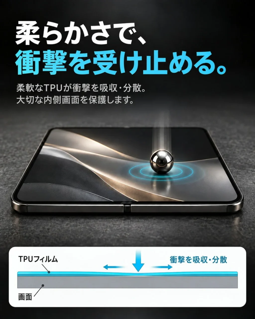 衝撃を吸収：折りたたみスマホの内側画面にTPUフィルムが衝撃を分散する図