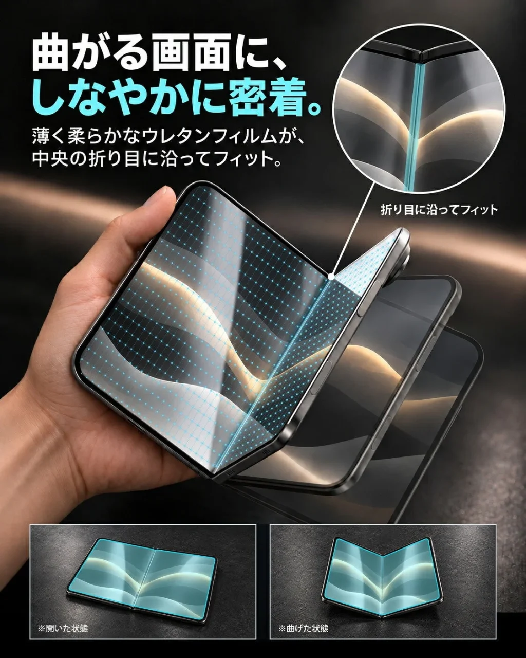 折りたたみ端末の折り目に沿ってしなやかに密着するウレタンフィルム
