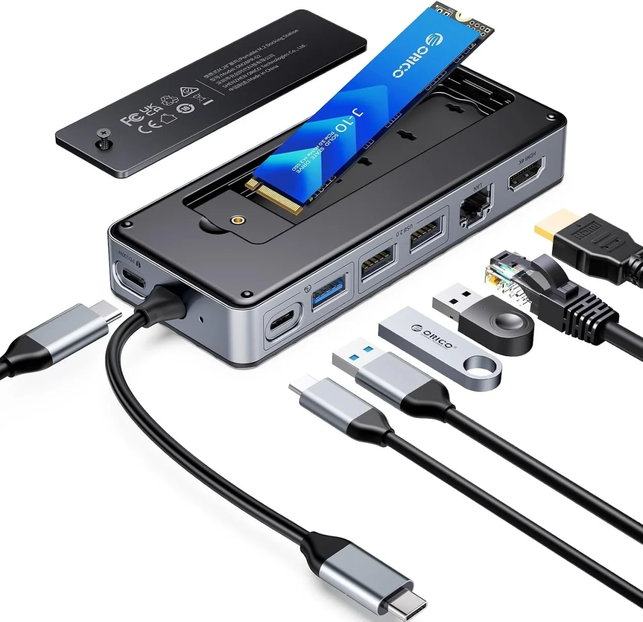 M.2 SSD外付けケースとUSB-Cハブを融合したドックと各種ケーブル・SSD