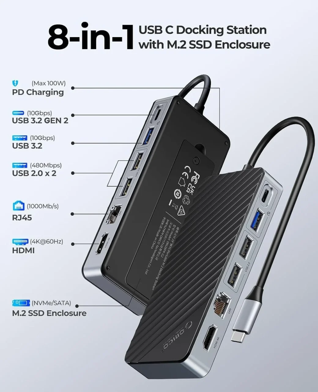 ORICO 8-in-1 USB-C ハブ M.2 SSD 外付けケース付属の各ポート解説図