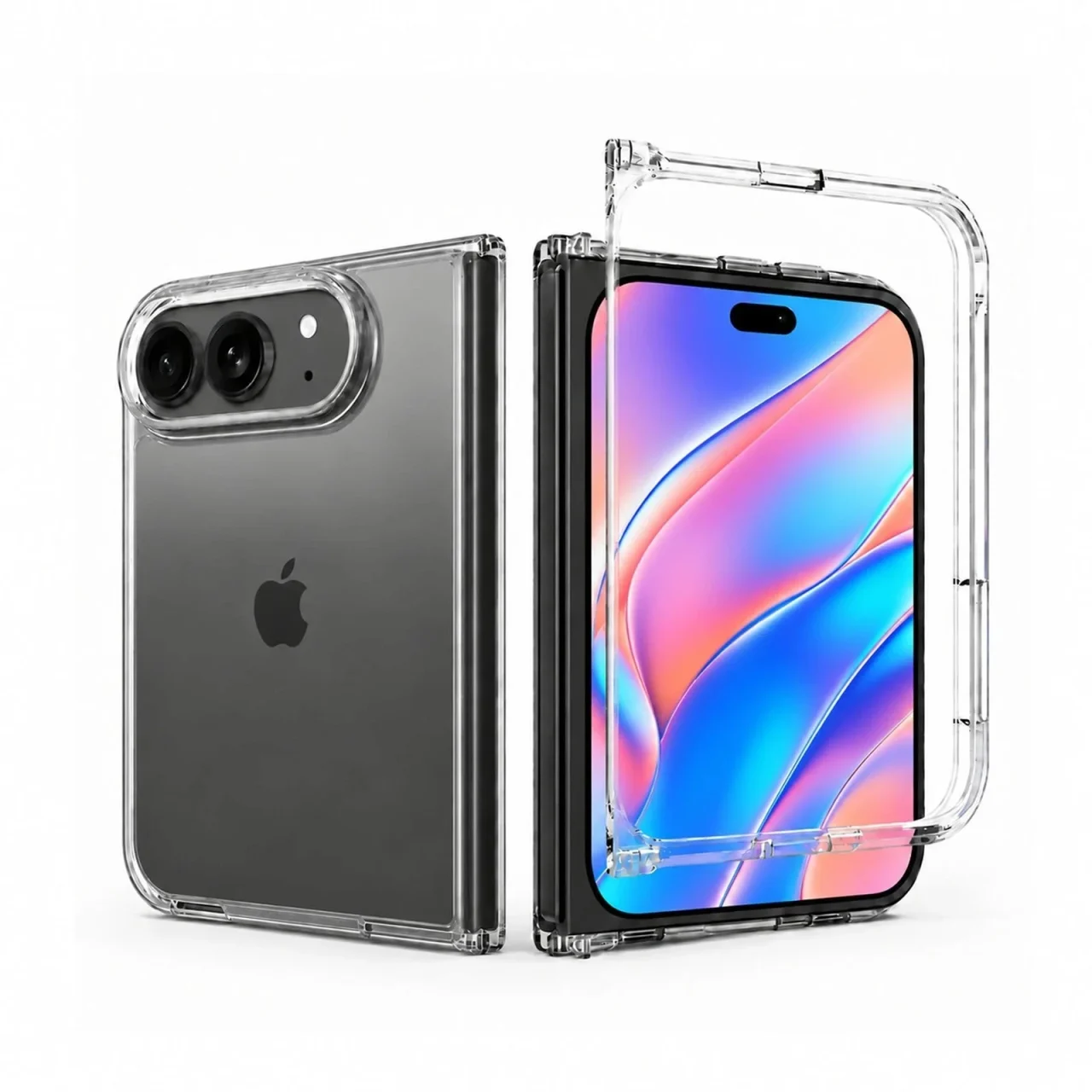 iPhone Duo対応クリアケースの背面側と装着前の画面側