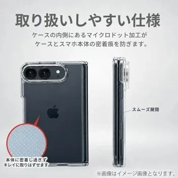 FIRME クリアケースを装着した端末。マイクロドット加工の拡大とスムーズ開閉の説明