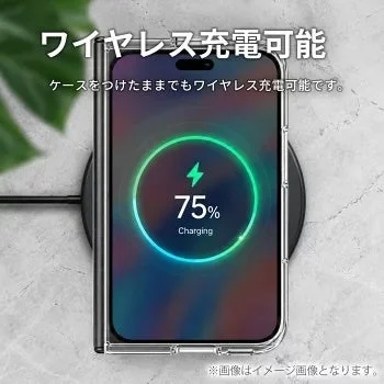 クリアケースをつけたままワイヤレス充電中のスマートフォン、充電75%表示