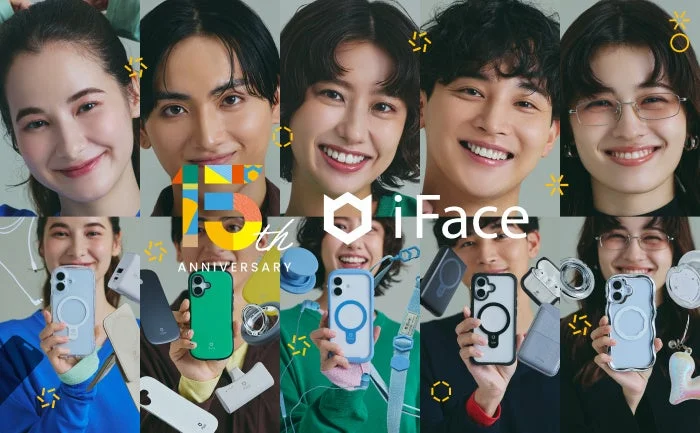 iFace 15th Anniversaryのビジュアル。5人がスマホケースを持つ