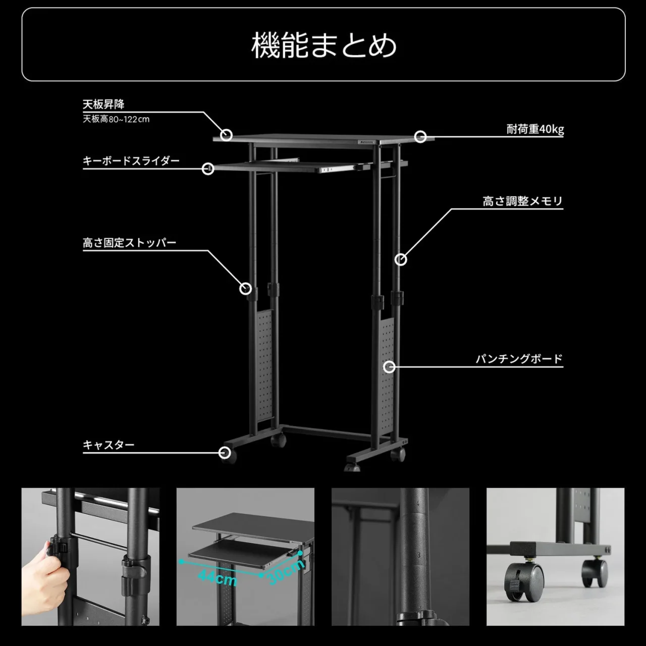 昇降デスクの機能まとめ。キーボードスライダーやキャスター等の解説図