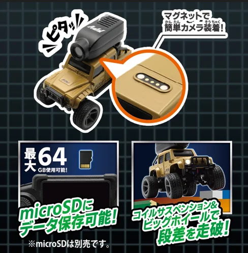 ミニカーR/C LIVE VIEWのカメラ装着、microSD保存、サスペンションの特長