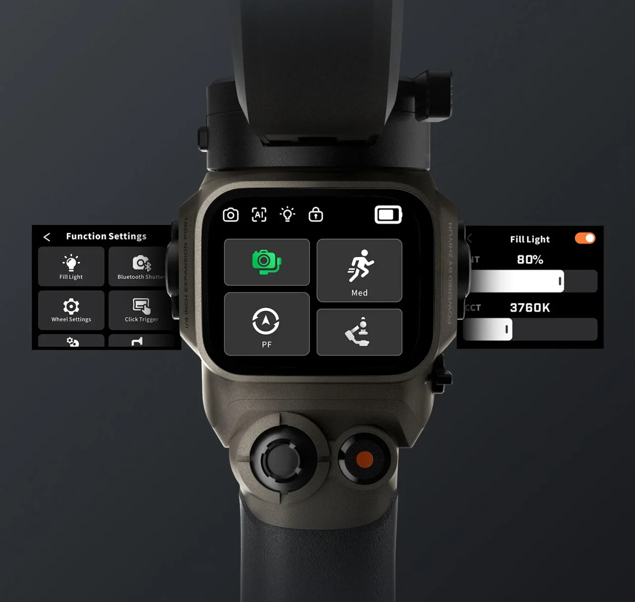 ZHIYUN WEEBILL 5のタッチスクリーンと設定メニュー表示