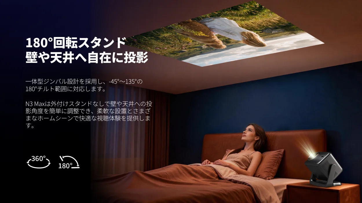 N3 Max Sound 180°回転スタンドで天井に投影し寝室で見る女性