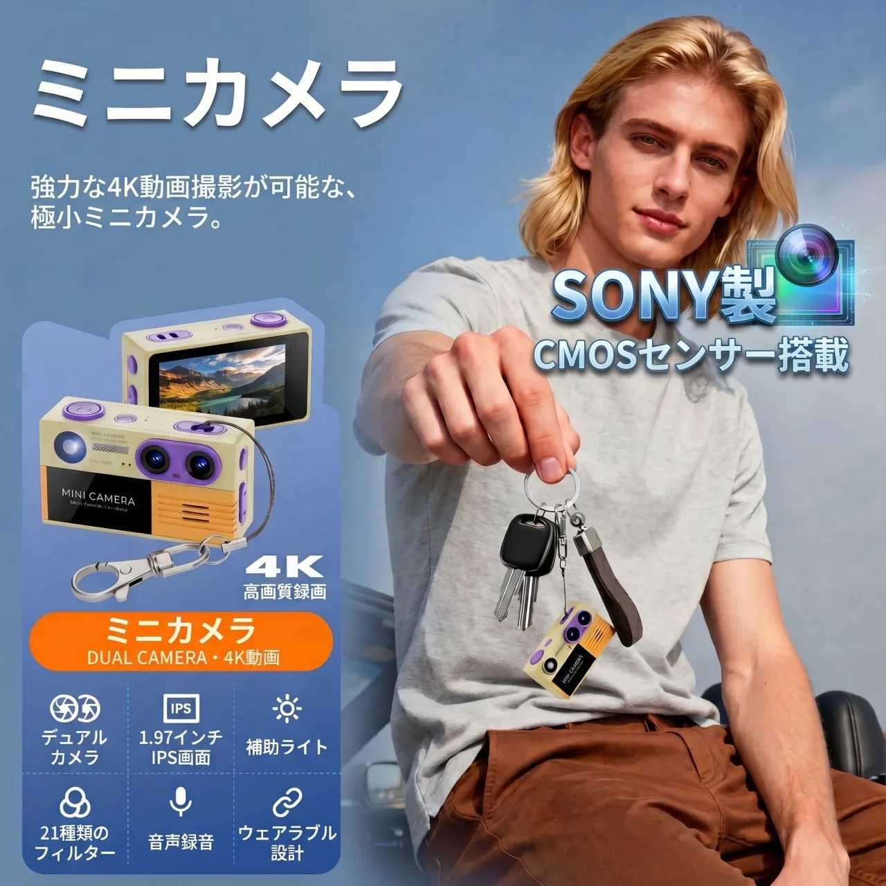 ミニカメラを指先で持つ金髪の男性と、機能を紹介する告知画像