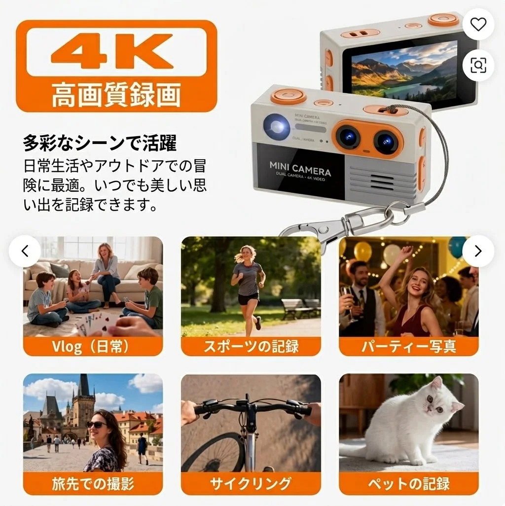ミニカメラの4K高画質録画と利用シーンを紹介する画像