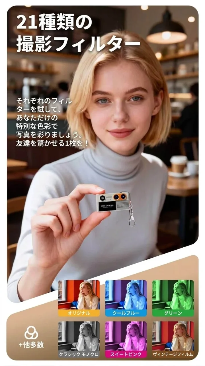 ミニカメラを手に持つ女性と21種類の撮影フィルター例