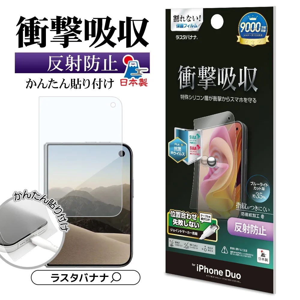 衝撃吸収マットフィルムのパッケージ。iPhone Duo用、反射防止表記