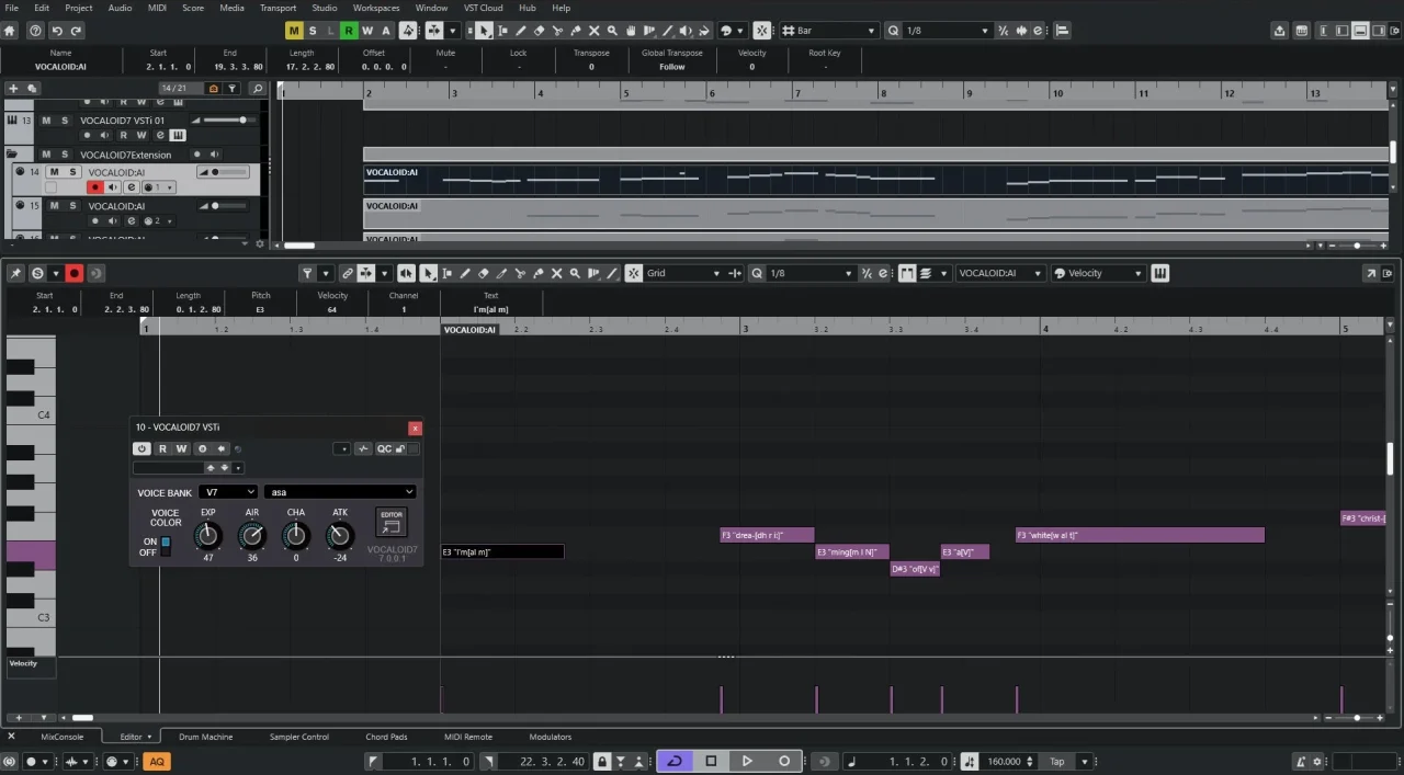 Cubase上のVOCALOID7 VSTiとキーエディターの画面