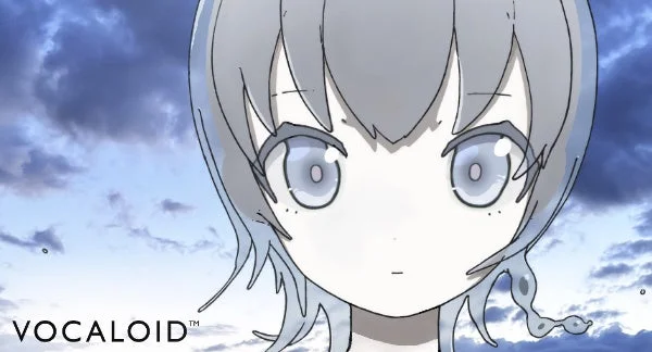 標準ボイスバンク「asa」のキャラクターの顔アップと雲空、VOCALOIDロゴ