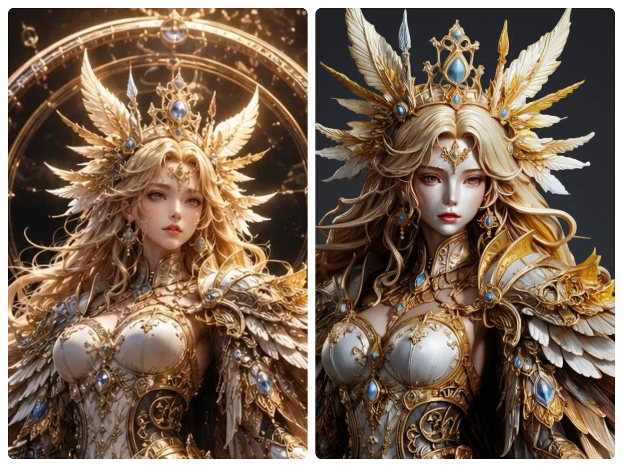 Hi3D V3.0の例:金の冠と翼飾り、白金の鎧をまとう金髪女性像2点