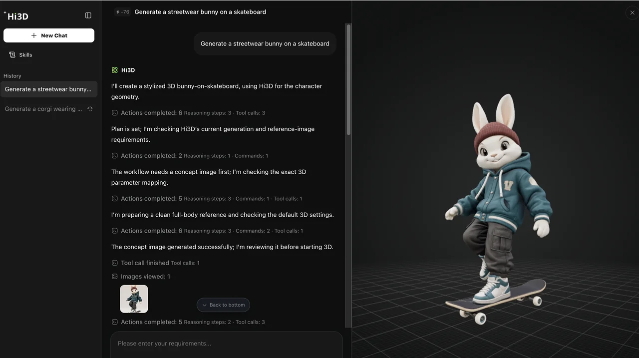 Hi3D Agentの画面。スケボーに乗るストリートウェア風うさぎの3Dモデル