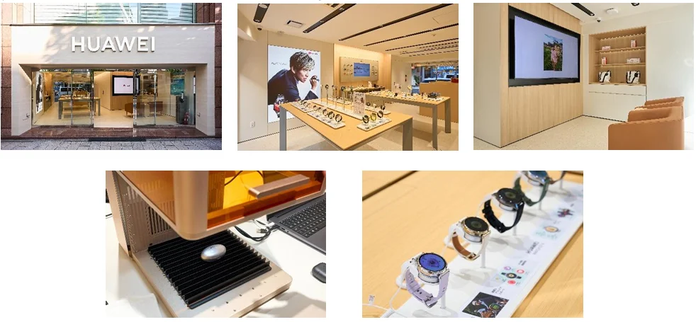 HUAWEI公式サービスセンターの外観、店内展示、レーザー刻印機、スマートウォッチ展示
