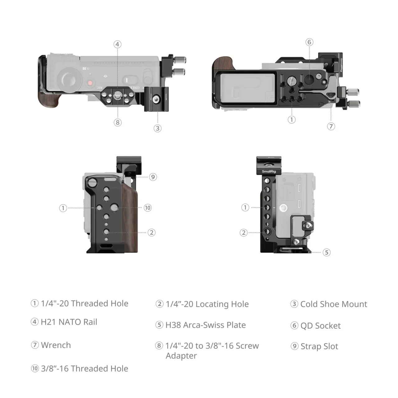 Sigma FP2用ケージの各部名称を示した図。木製グリップ付き
