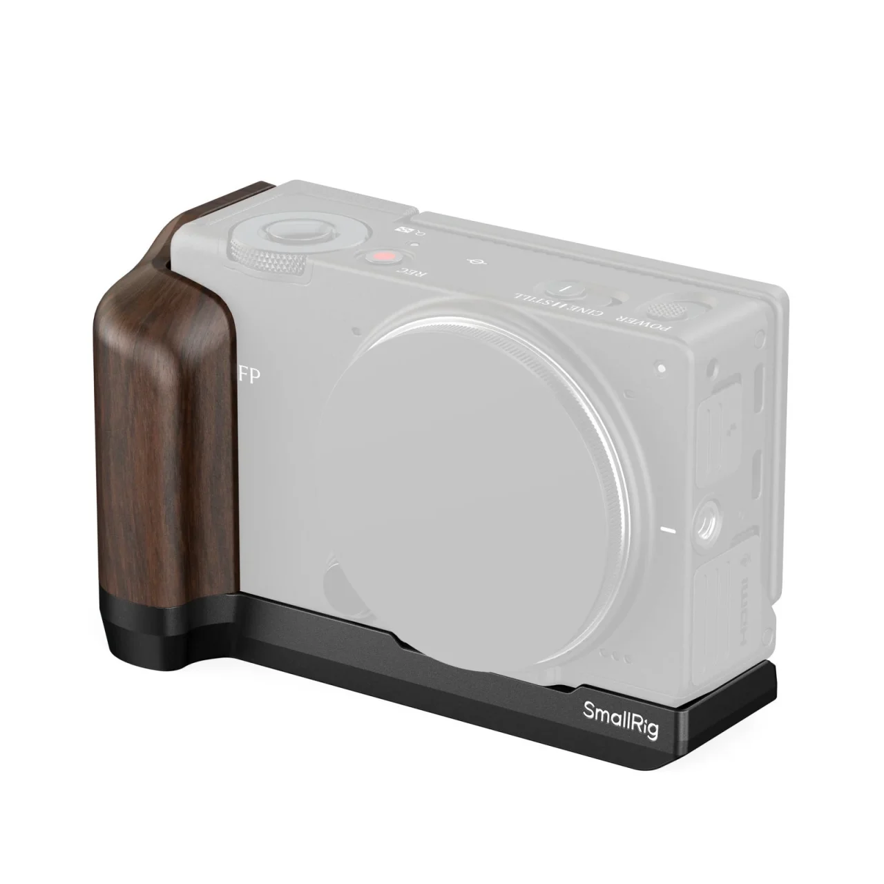 Sigma FP2用L型プレート。木製グリップ付きでカメラ底部と右側面を覆う